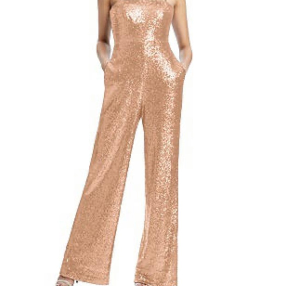 Dessy Collection Rose Gold Sequin Strapless Jumpsuit
